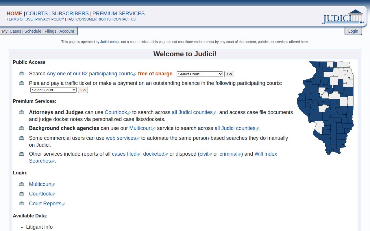 Judici court search with Putnam County jurisdiction selection